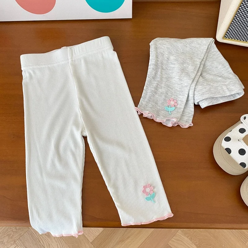 

2023 летние детские леггинсы для девочек от 0 до 6 лет, Детские хлопковые брюки в рубчик с эластичным поясом и цветочным рисунком, детская одежд...