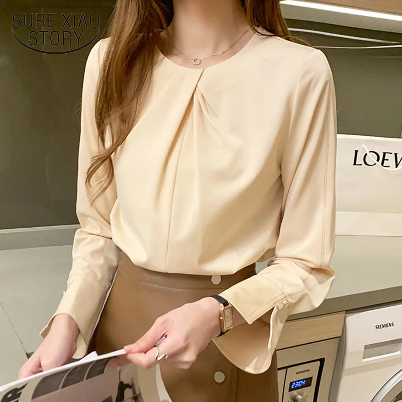 

Женская шифоновая блузка с длинным рукавом и круглым вырезом, свободного покроя