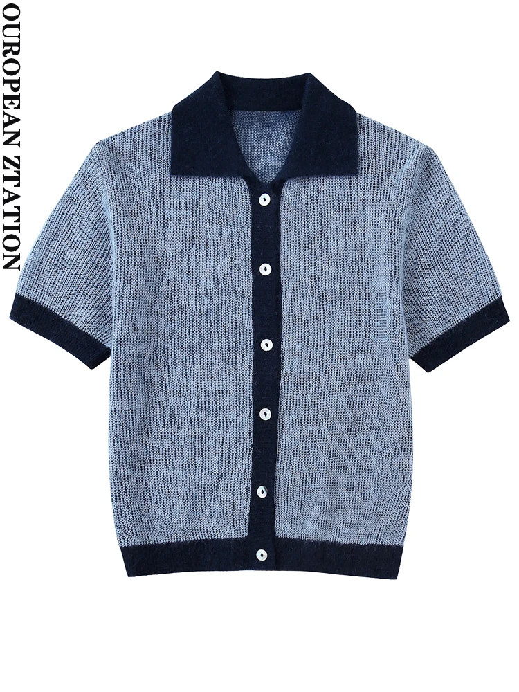 

PAILETE женские 2022 модные Лоскутные вязаные укороченные рубашки поло винтажные женские блузки с коротким рукавом на пуговицах шикарные топы