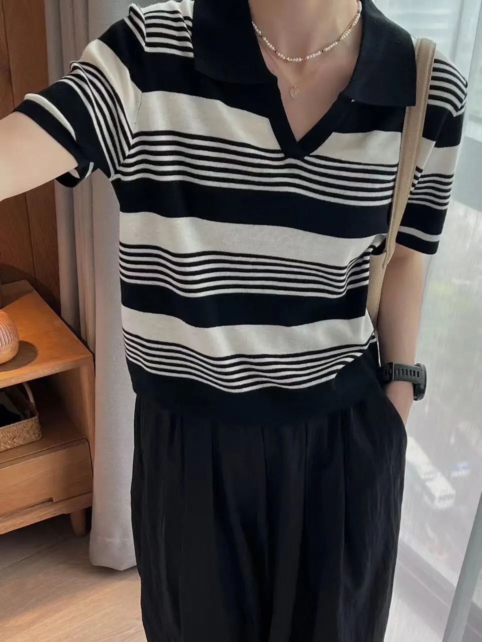 

Top Quality Women's Linen Polo Clothes 2023 Summer Casual Stripes Knitwear Shirts Ladies Turn Down Collar Knit Polos Shirts