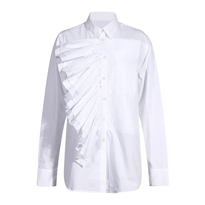 

Asymmetric white shirt women's stitching pocket pleated loose thin versatile shirt