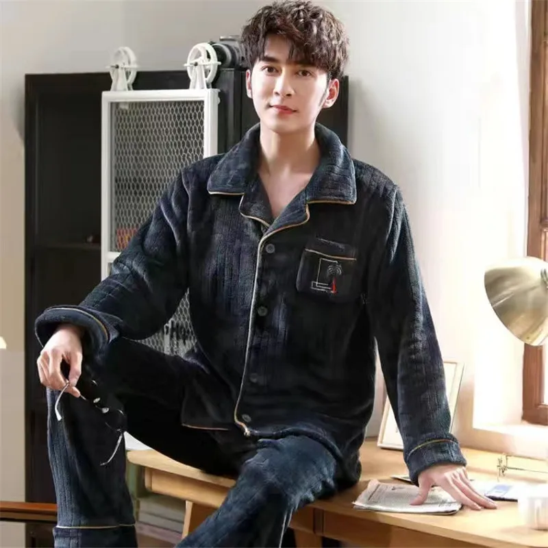Flannel 2 Piece /Set Pajamas Sets For Men Winter Thick Warm Long Sleeve Home Clothes Sleepwear Suit Turn-Down Collar Pyjamas