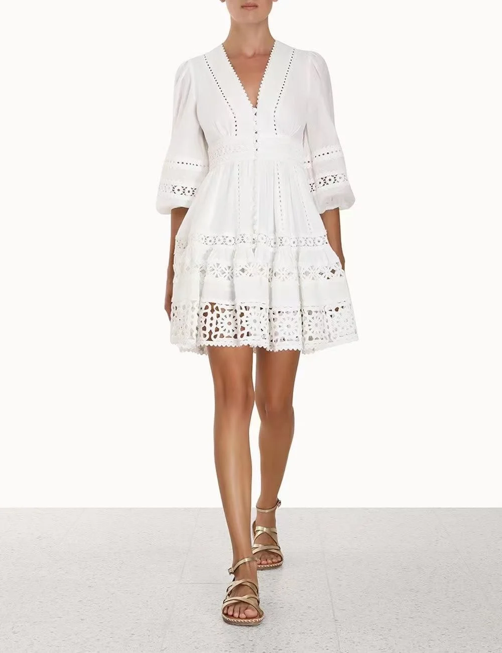 

2023 New Arrivals Spliced Hollow Out Front Button V-neck Solid White Mini Dress for Lady Spring Summer