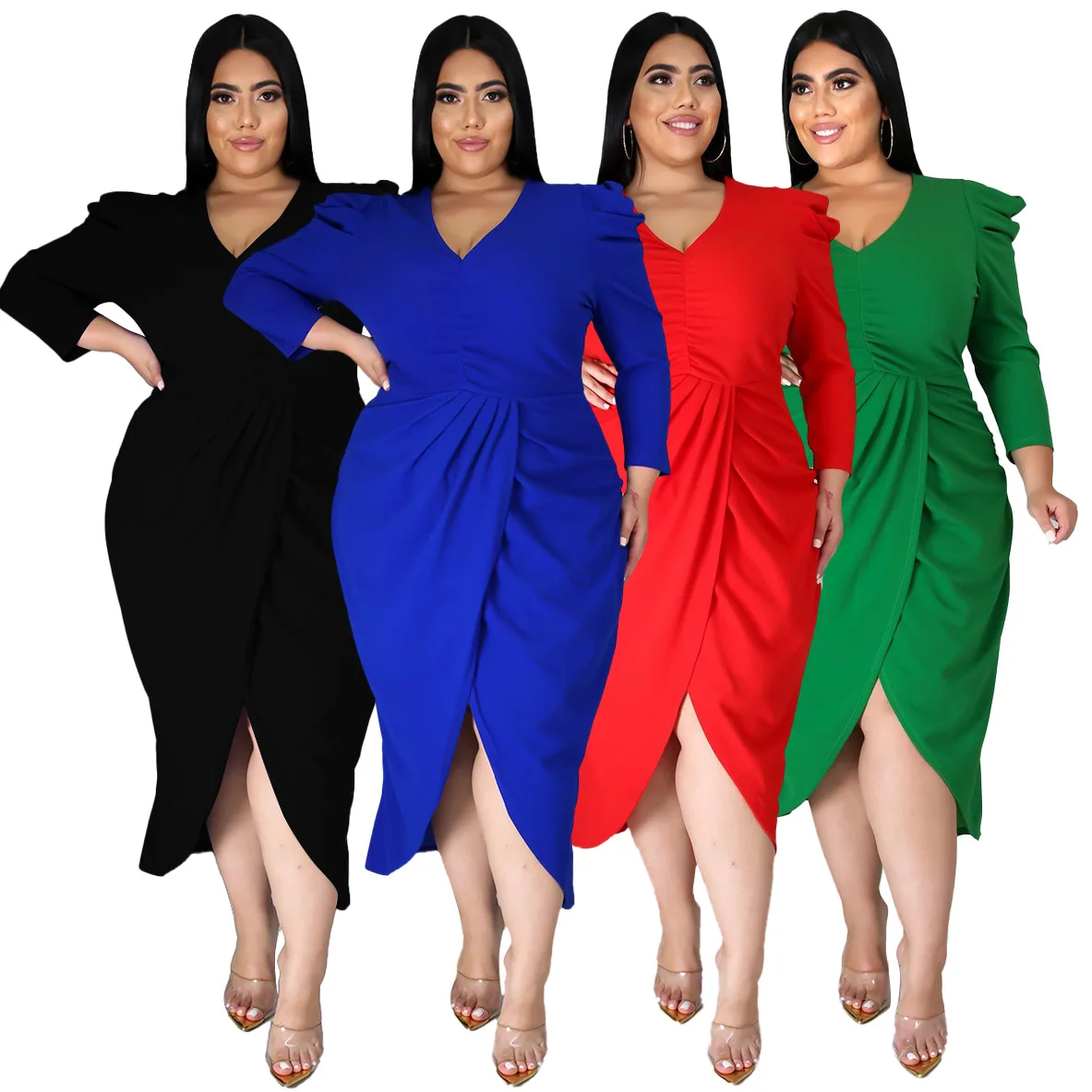 Factory Price European and American Oversize Dress V-neck Irregular Dress Long Sleeve Solid Split plus size  Dress