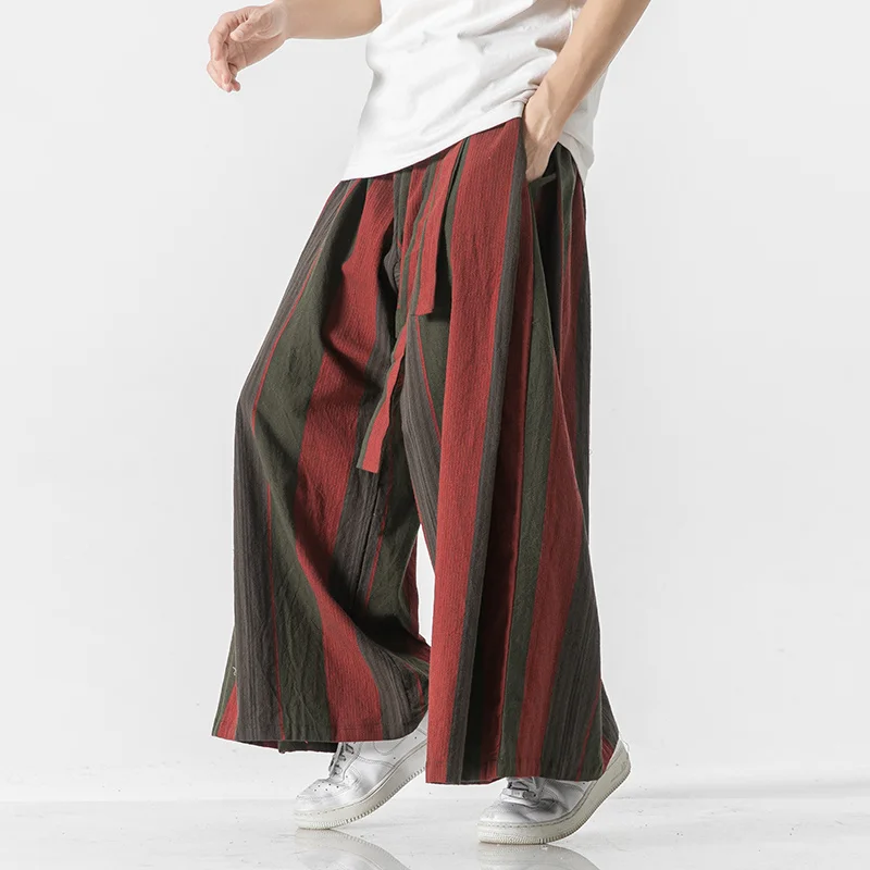 

Брюки мужские хлопковые в полоску, широкие штаны, джоггеры свободного покроя, Винтажные льняные штаны в китайском стиле, халат из Непала с большой промежностью, 2023