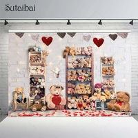 valentines marriage party backdrop brick wall red wooden floor bears decoration photo background studio zone photography props