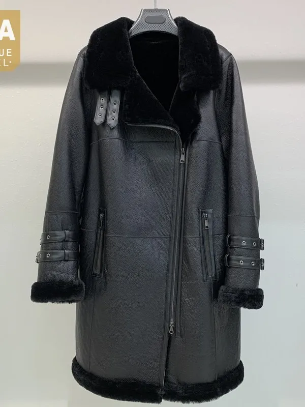 

Biker Moto Winter Sheep Women Shearling Jacket Vintage Thick Warm Wool Lining Real Fur Coat Punk Style Leather Long Overcoat