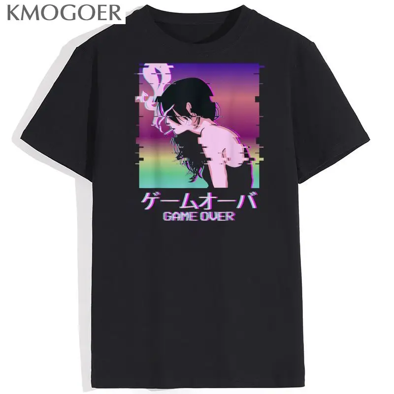 

Японские футболки с принтом вейпорвейв грустной Аниме игры для девушек повседневная одежда Удобная в стиле хип-поп на все сезоны уличная од...