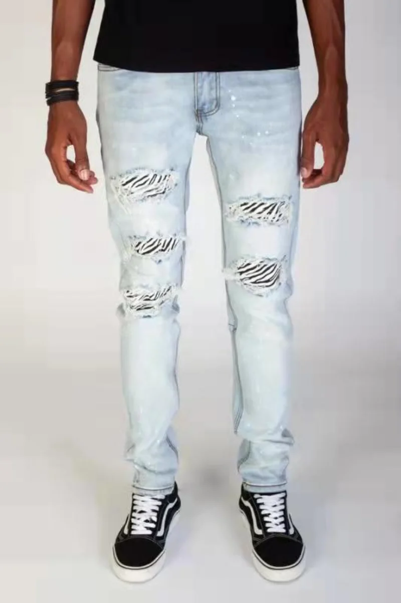 Mens Jeans Fashion Skinny Ripped Footline Zip Pants Patch Ripped Denim Pant for Men