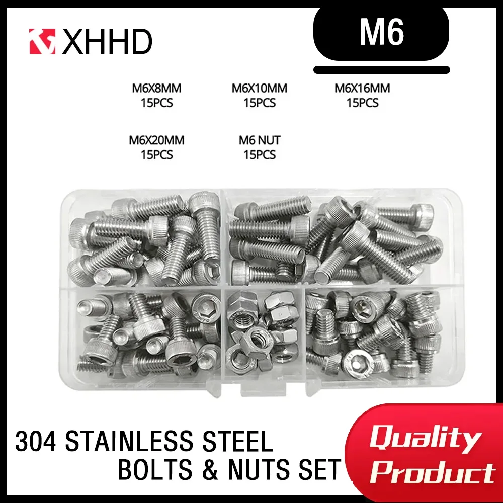 

304 Stainless Steel Bolts Nuts Set M6 Hexagon Hex Socket Cap Head Bolt Metric Thread Screw Metalworking Locking Assortment Kit