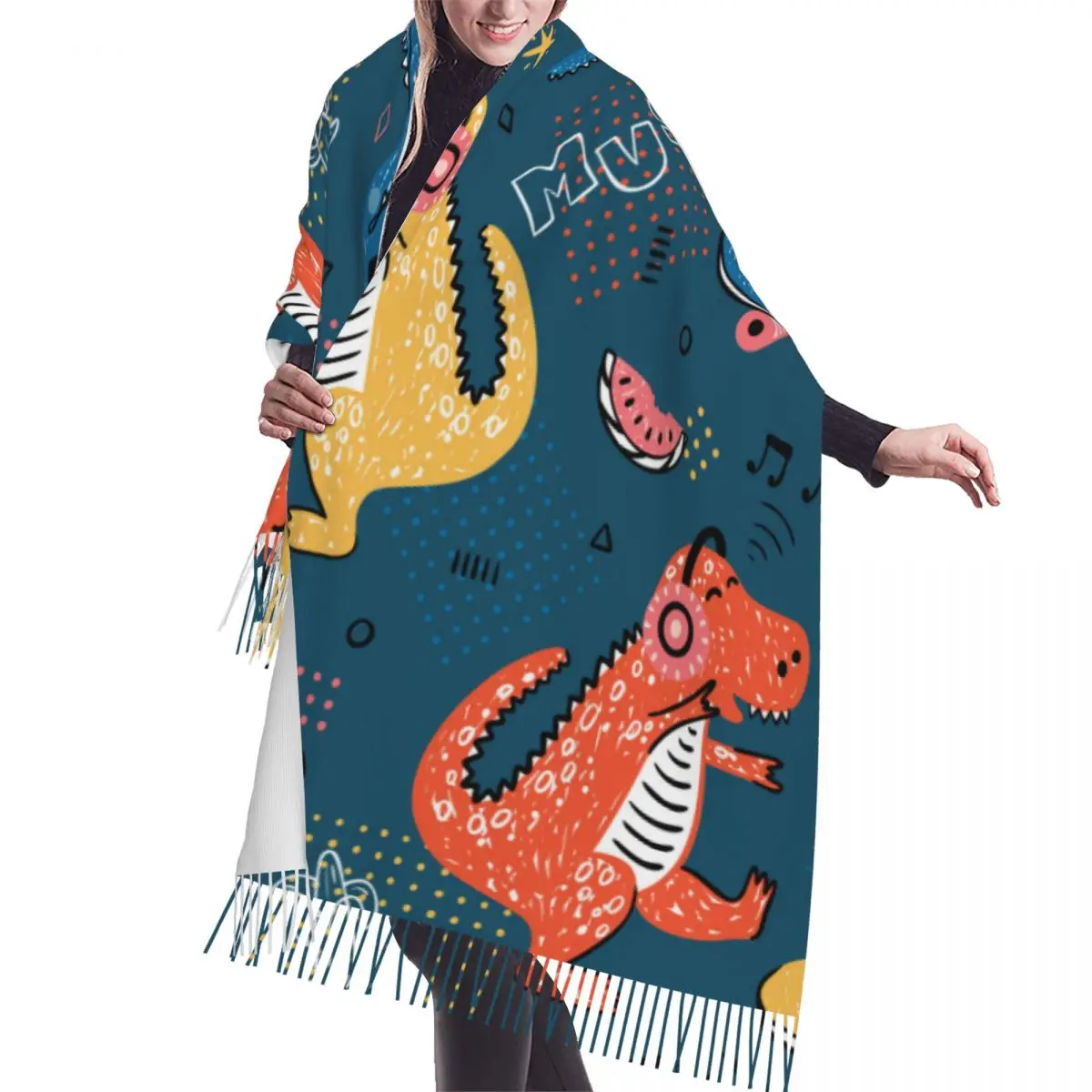 

Шарф Динозавр для любителей музыки, зимние длинные большие шарфы с кисточками, мягкая Пашмина