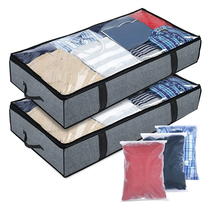 

Underbed Storage Boxes-Pack Of 2 Under Bed Storage Box With 3X Zipper Closure Bags-Clothes Storage Boxes With Lid&Window