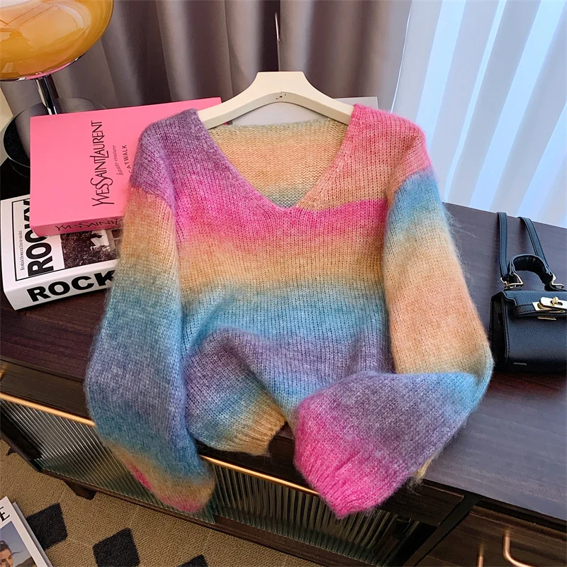 

Loose Vintage Women's Sweaters Mohair Cashmere Pullover Autumn/Winter Korean Long Sleeve Colourful V-Neck Knitwear Jumpers