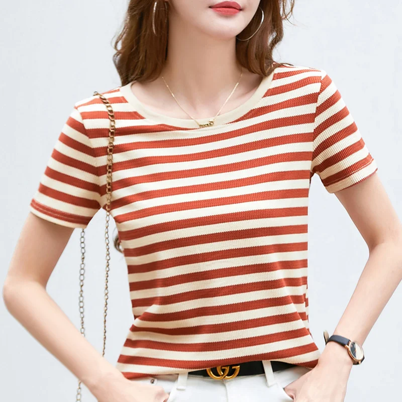 #0203 летняя полосатая футболка женская короткая с круглым вырезом коротким