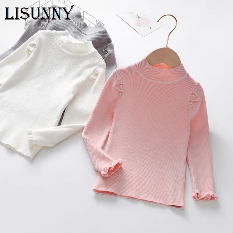 

2023 Autumn Winter Children Pearls Kids Sweater Girl Sweaters Jumper Cotton Solid Baby Pullover Toddler Clothes Lolita Style 2-7