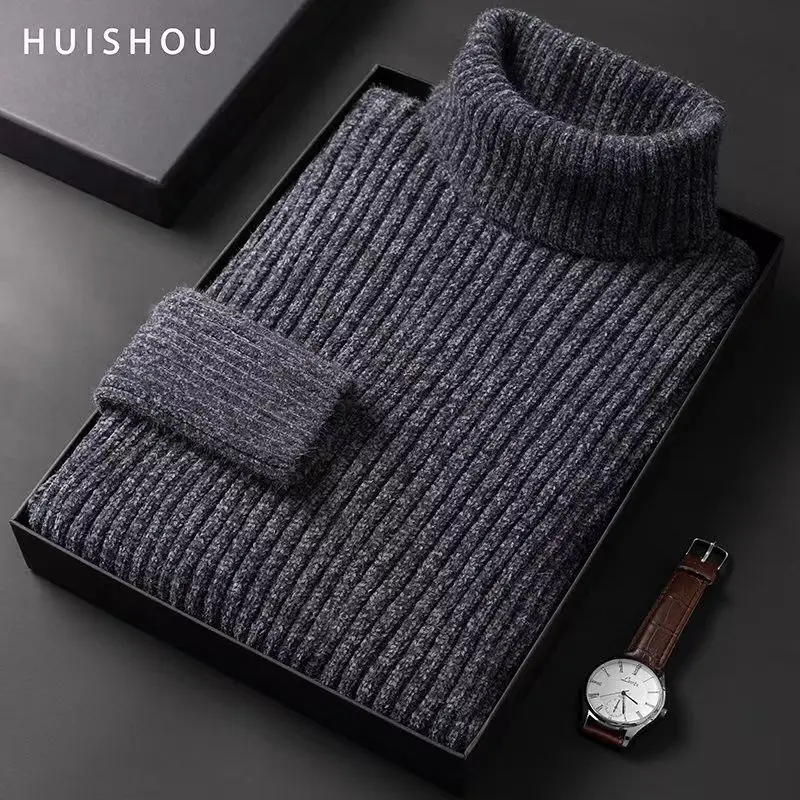 

Новинка Осень 2022, Мужской пуловер с высоким воротником, свитер, модная однотонная теплая Базовая рубашка, Мужская брендовая одежда, мужские облегающие свитера