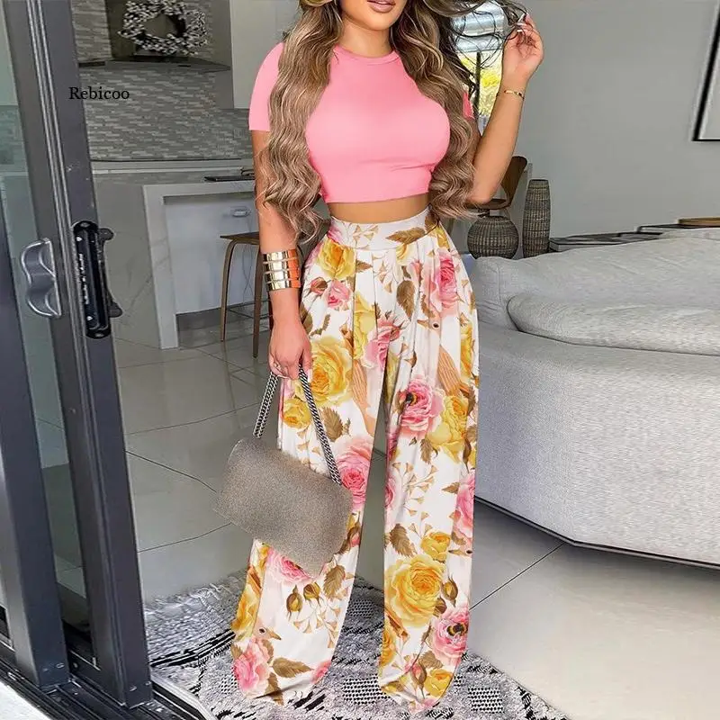 

Summer Women Two Piece Sets Elegant Print Office Lady Outfits Elegant O Neck Short Sleeve Shirt Pullover + Wide Leg Pants Suits