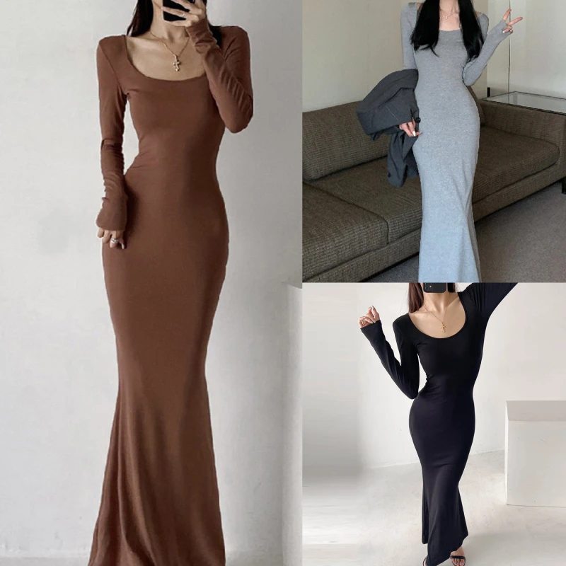 

Соблазнительное однотонное платье-годе, женское модное облегающее тонкое платье с U-образным вырезом и длинным рукавом, весна 2023, новые элегантные базовые женские платья