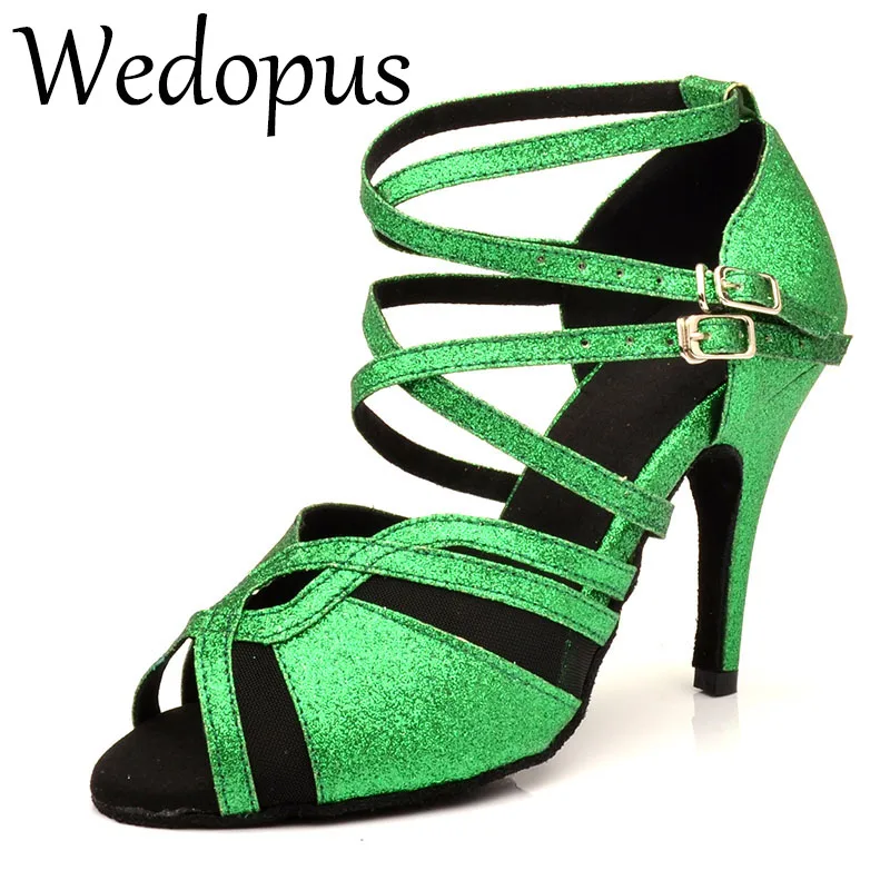 

Женские туфли для латиноамериканских танцев Wedopus, зеленые блестящие сандалии из искусственной кожи для сальсы, каблук 10 см