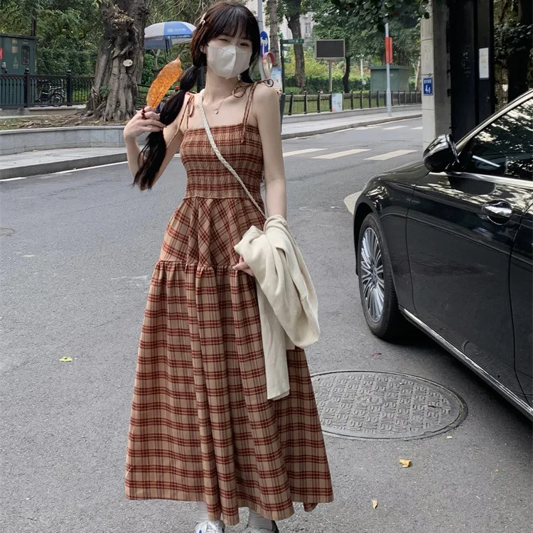 

Plaid suspender dress women's summer pleated sleeveless waist collection mid-length skirt