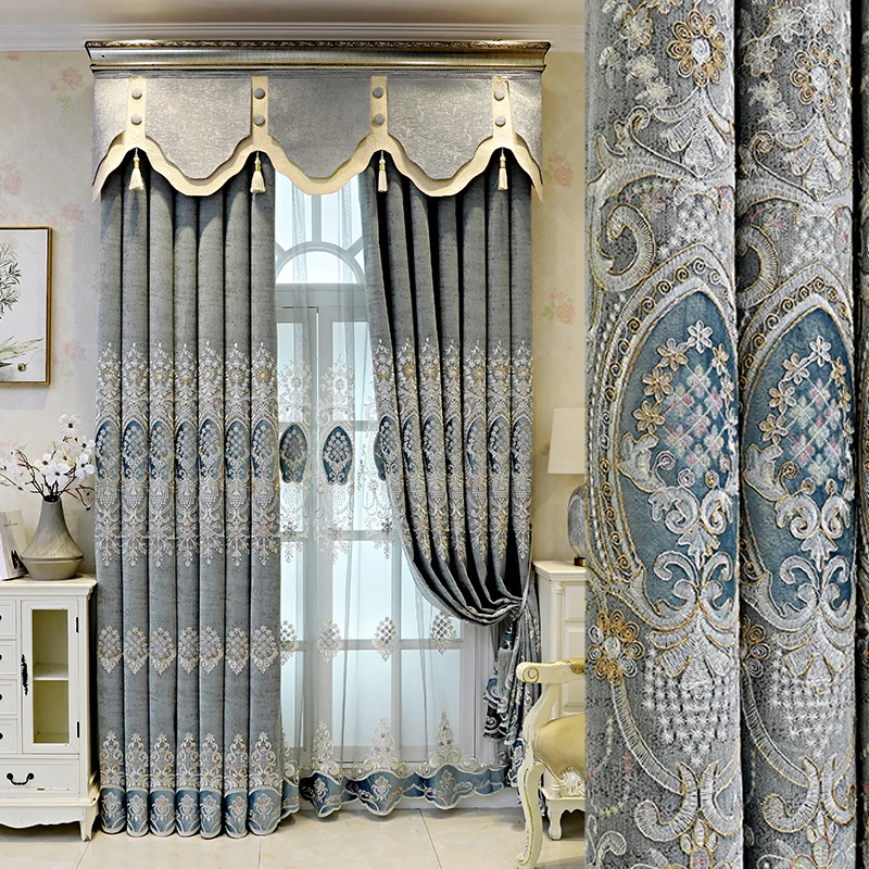 

Customized European-style Luxury Curtains for Living Room Balcony Floor-to-ceiling Chenille Blackout Embroidered Curtain Yarn