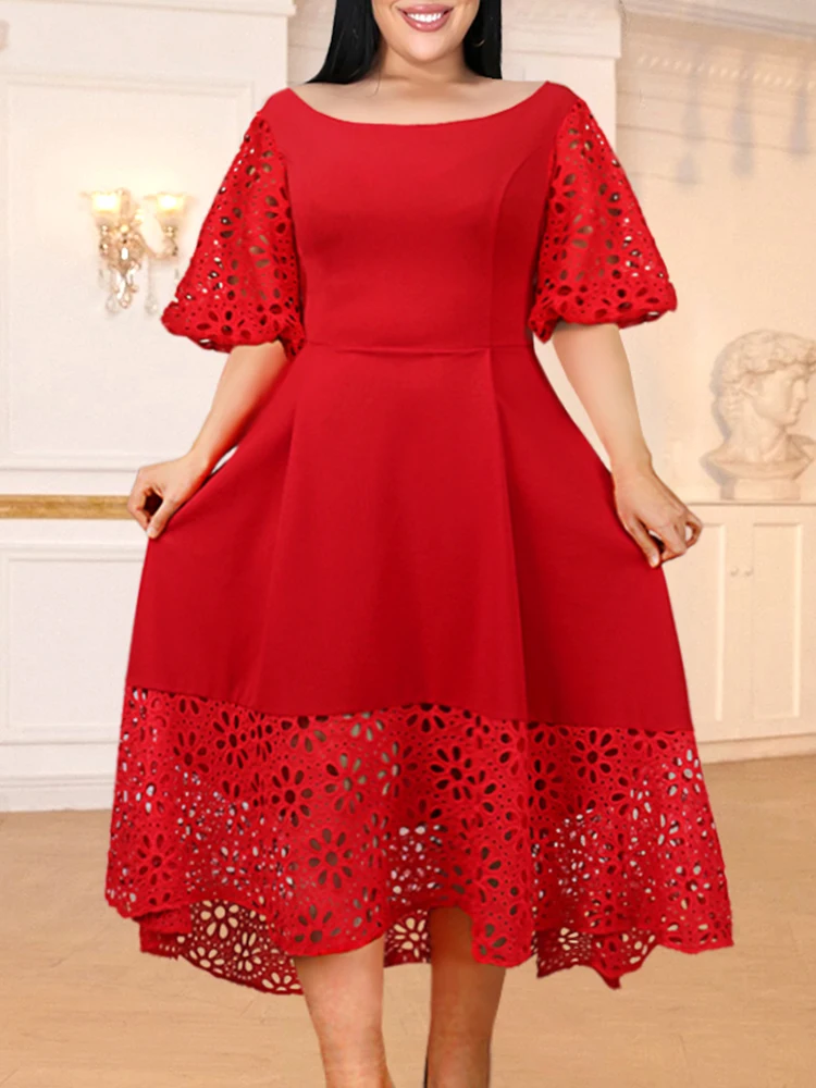 Plus Size Elegant Women Red Party Dress Lace Short Sleeve Hollow Out Patchwork A Line Off Shoulder Large Size Female Homecoming