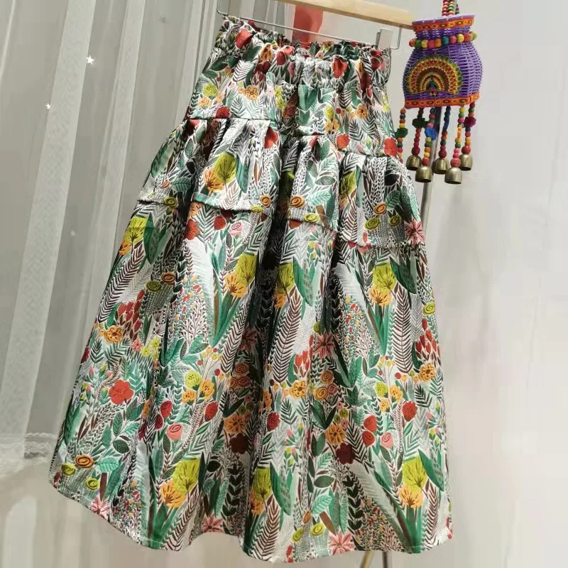 

2022 Skirt Spring And Autumn Retro Jazz Garden Pleated Tutu High Waist Jacquard Large Skirt A-line Flower Bud Dresses Saudi