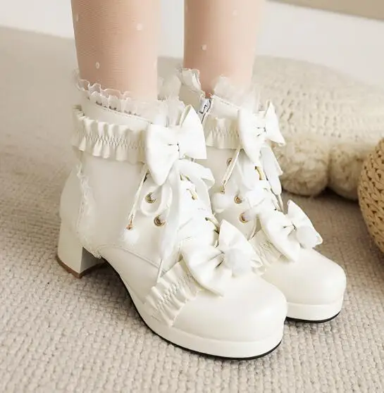 

Lolita Boots Women Cute Shose Bow Lace High heel 5CM PU Spring Young Girls