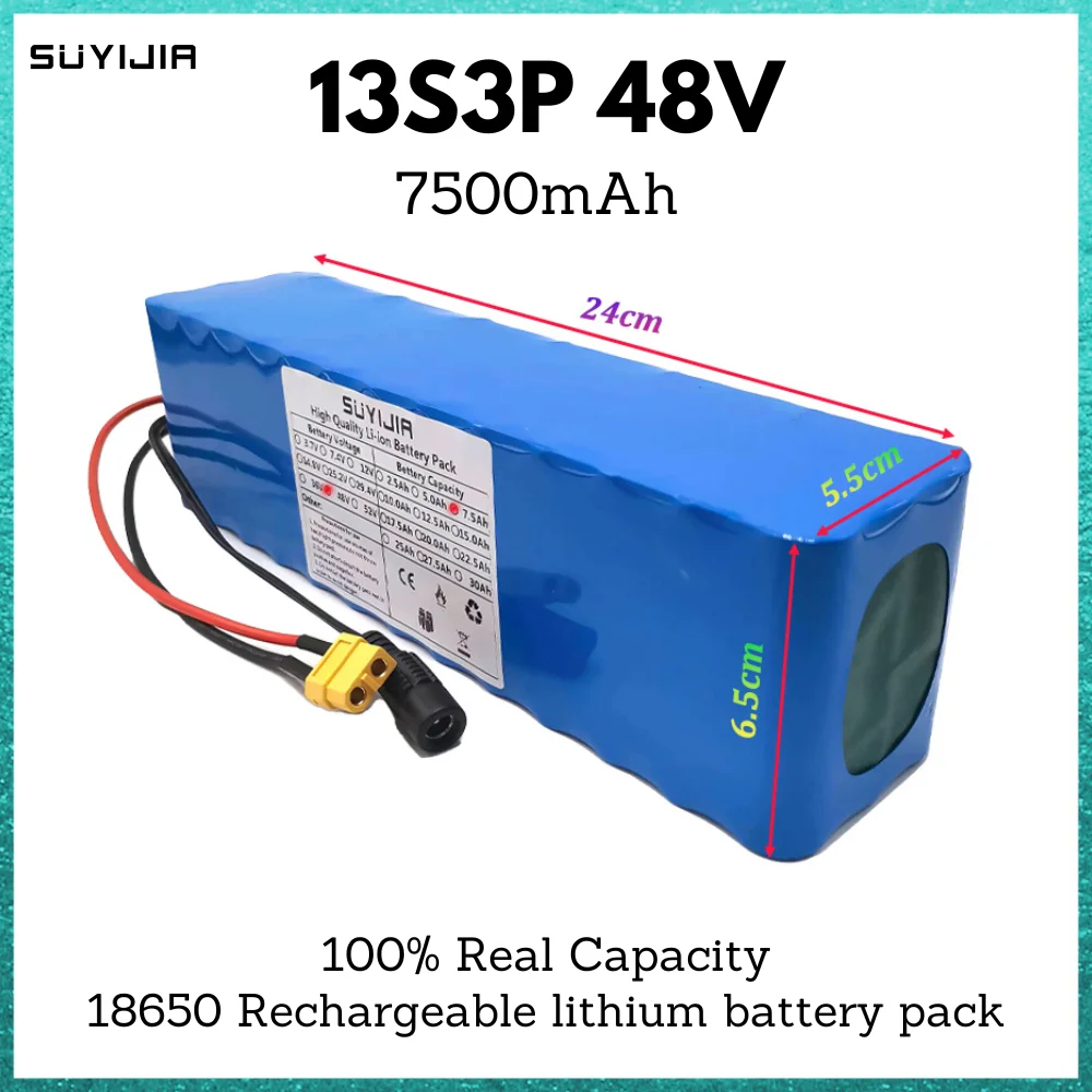 

13S3P 18650 Rechargeable Lithium Battery Pack 7500mAh 48V Built-in BMS for Electric Bicycles Scooters with 54.6V Charger
