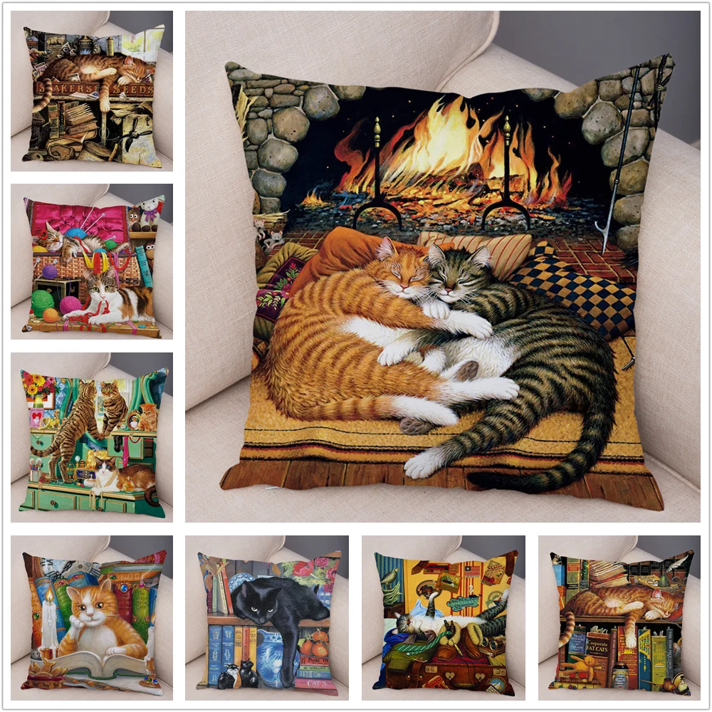 Oil Painting Color Cat Cushion Cover Pillowcase Home Decor Cartoon Animal Sofa Pillowcase Pillowcase Aesthetics