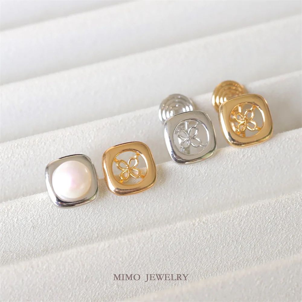 

14K Gold, Copper, Gold-plated, Smooth, Rounded Square Empty Holder 926 Silver Pin Earring Ear Clip DIY Accessories M-741