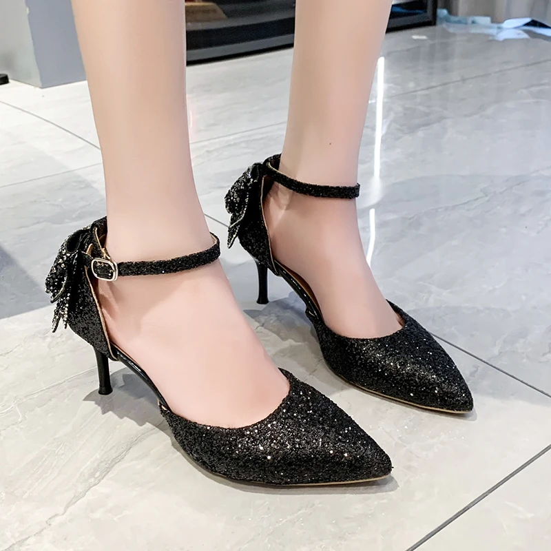 

New Flashion Luxury Silver Sequin High Heels Wedding Shoes Women Crystal Bowtie Ankle Straps Shoes Woman Thin Heeled Pumps