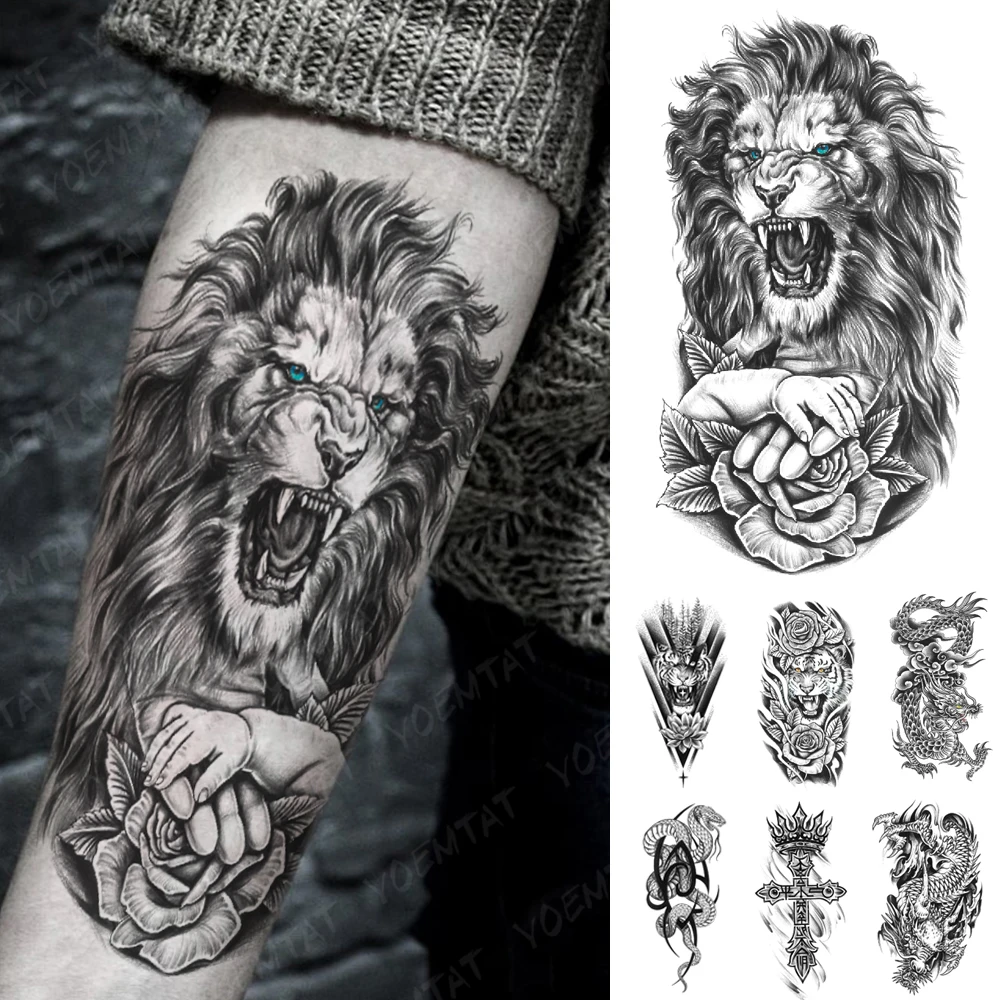 

Waterproof Temporary Tattoos Sticker Black Lion Wolf Tiger Rose Baby Hands Flash Tatoo Arm Body Art Fake Dragon Tattoo Women Men