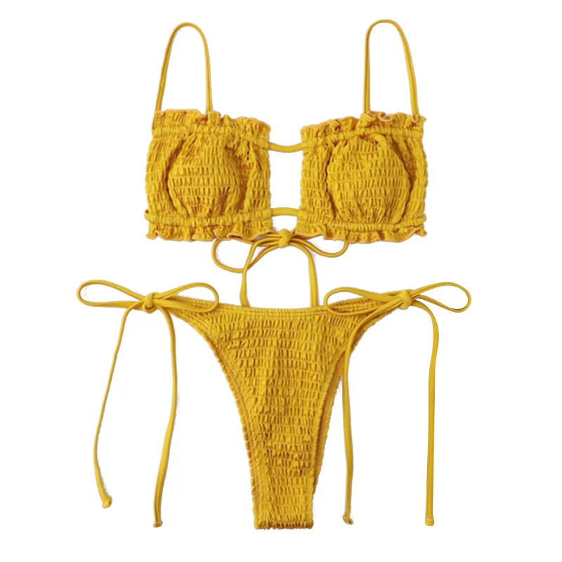 

Sexy Bikini 2022 Pleated Bandeau Swimsuit Female Swimwear Women Mini Thong Bikini Set Bather Swimming Beachwear For Bathing Suit