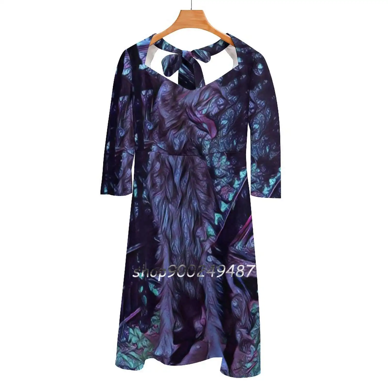 Женское платье-колокол с квадратным вырезом фиолетовое платье принтом