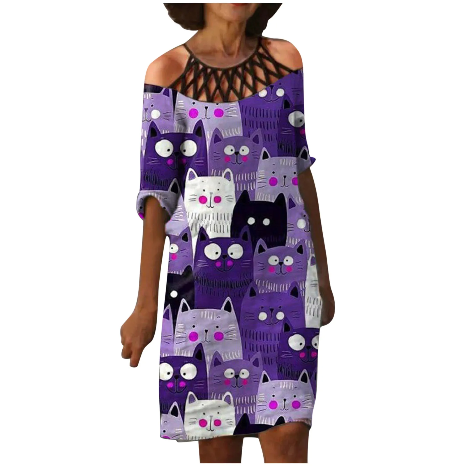 

Women's Dress Half Sleeve Hollow Halter Butterfly Print Casual Sundress