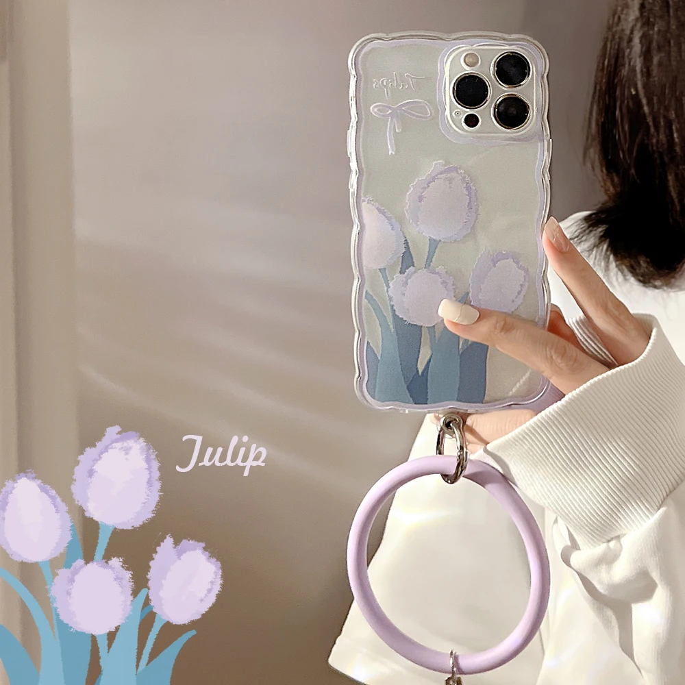 

Purple Tulip Case for iPhone 13 11 Pro Max Xr Xs Max 12 mini 7 8 Plus 7Plus Silicone Ring with Hanging Ring Cover