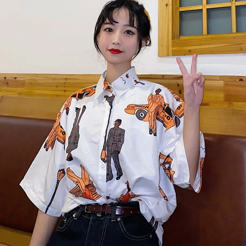 

Рубашка женская с забавным мультяшным принтом, повседневный Длинный топ оверсайз, блузка в японском стиле с длинным рукавом, уличная одежда, на лето