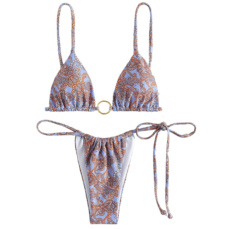

Женский купальный костюм с принтом пейсли, треугольный купальный костюм из двух предметов с кольцами спереди и завязками на тонких лямках, ...
