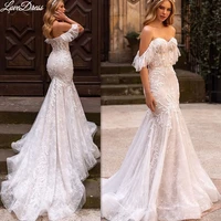 luxury cap sleeves lace wedding dress mermaid 2022 sweetheart tulle bridal gown with train sexy backless bow vestidos de noiva