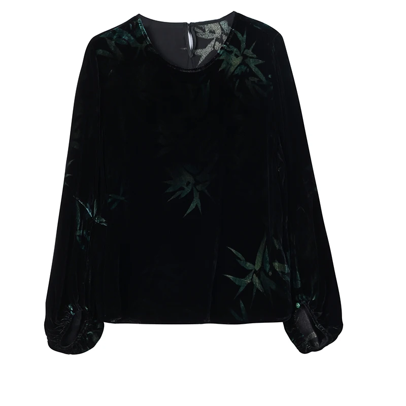 Женская бархатная блузка с длинным рукавом и аппликацией черная элегантная