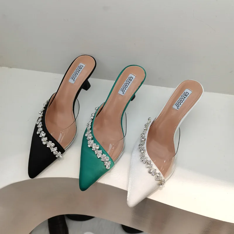 

Shoes Woman 2022 Glitter Slides Thin Heels Shallow Female Mule Pointed Toe Butterfly-Knot Heeled Mules Low Pantofle Slipper Jell