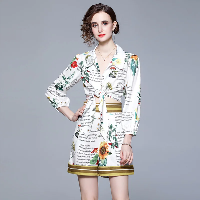 

Autumn Fashion Letter Print Designer Runway Two Piece Set Women Bow Lace Up Shirt Tops + High Waist Shorts Pant Suit