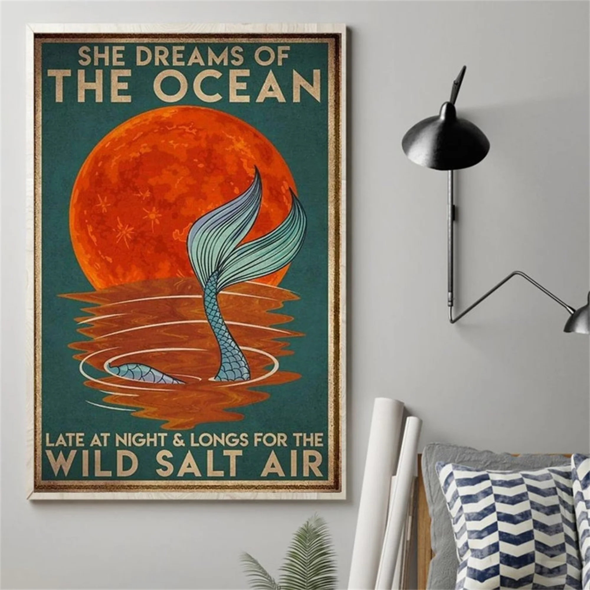 

She Dreams of The Ocean Late at Night and Longs for The Wild Salt Air Retro Poster Mermaid Canvas Painting Wall Art Home Decor