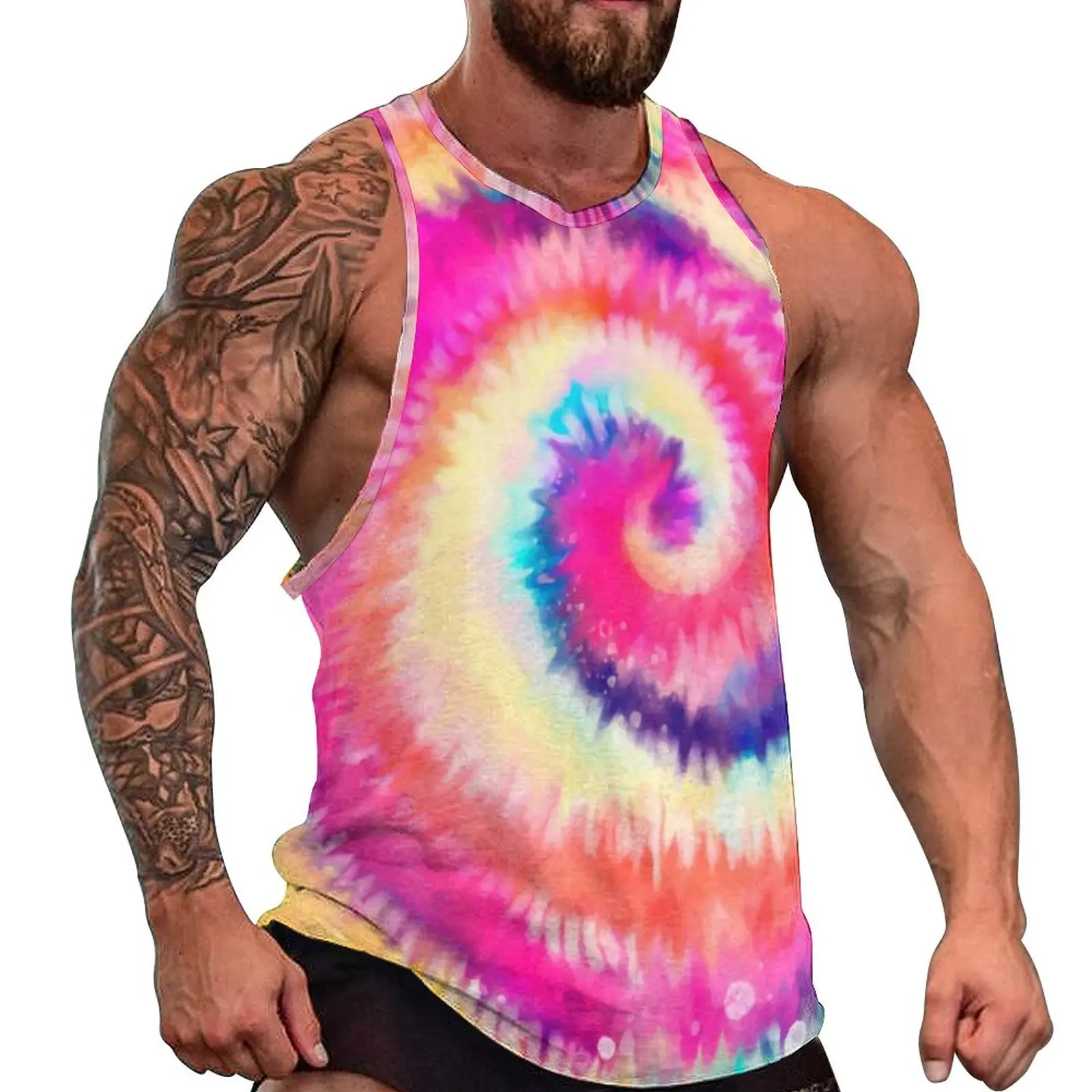 

Rainbow Swirl Tank Top Ombre Tie Dye Sportswear Tops Beach Bodybuilding Males Pattern Sleeveless Vests Plus Size 4XL 5XL