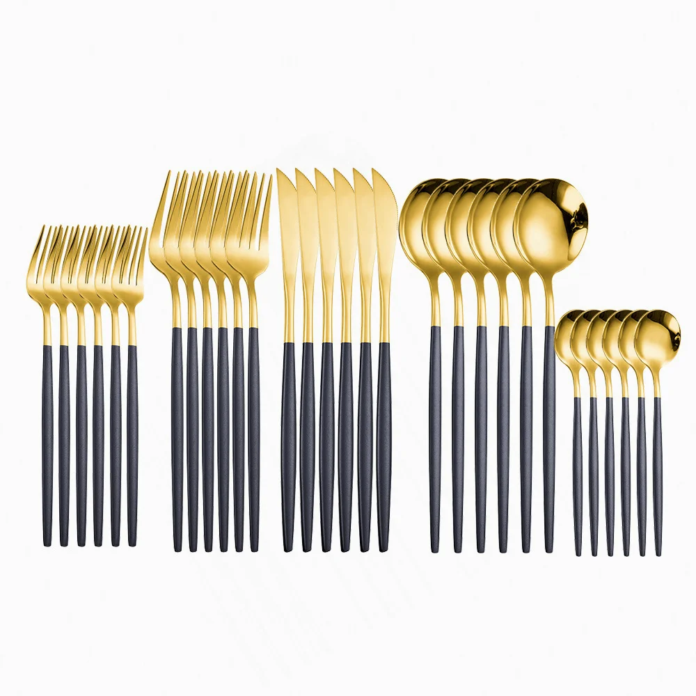 

Travel Cutlery Stainless Steel Flatware Set Bright Black Western 30Pcs Dinnerware Spoon Fork Knife High Quality Gold Tableware
