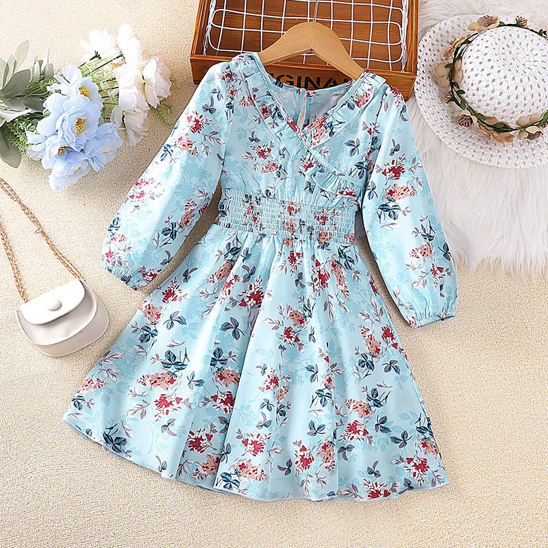 

Laura Kors 2023 Winter New Girls Dress Long Sleeve V Neck Print Floral Sky Blue Girls Dress Vestido 4-7T