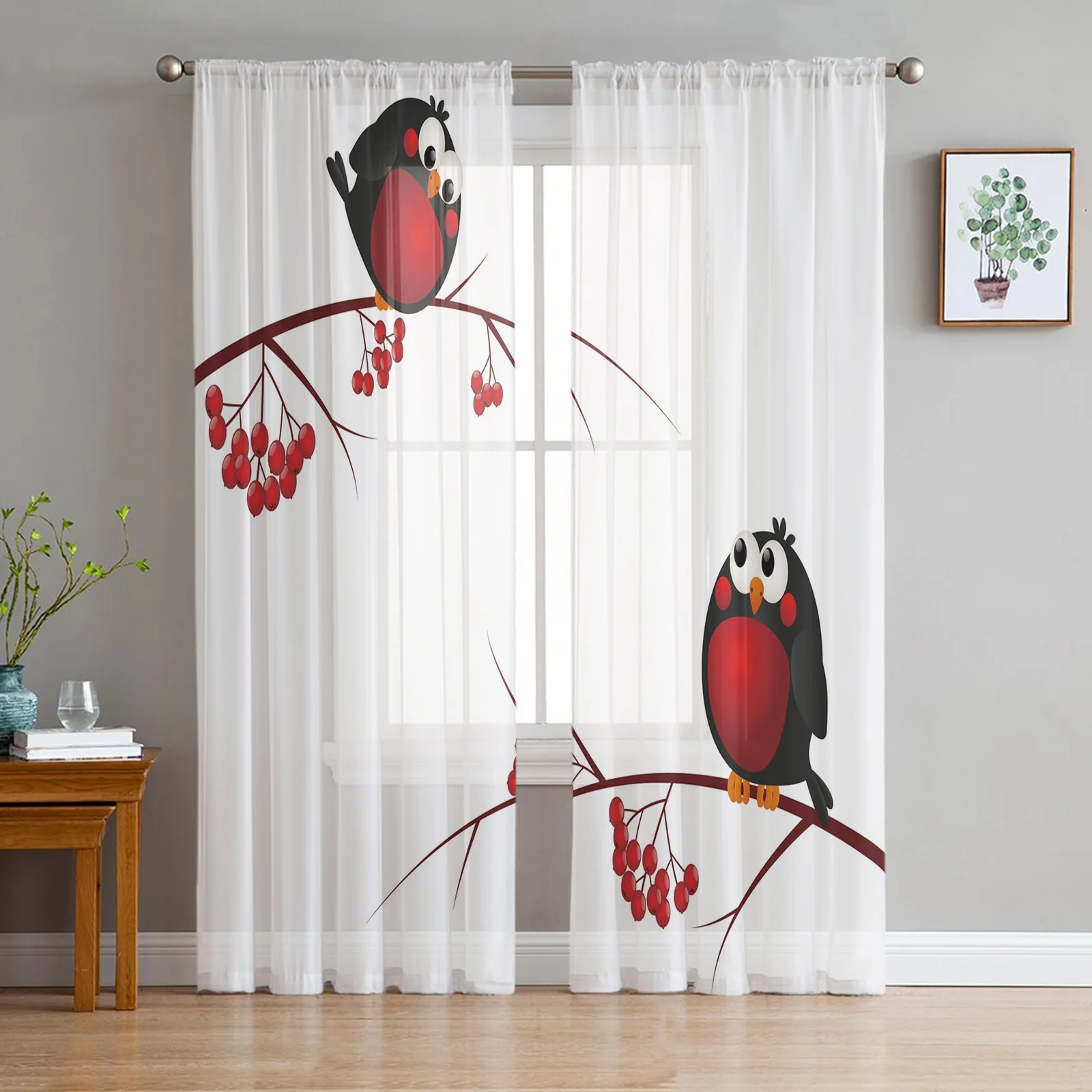 

Christmas Cute Warbler Bird Branch Fruit Tulle Curtains For Living Room Sheer Curtain Bedroom Voile Decorative Window Treatments