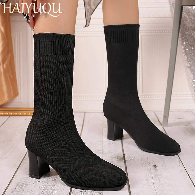 Женские вязаные сапоги до середины икры на высоком каблуке дизайнерская модная