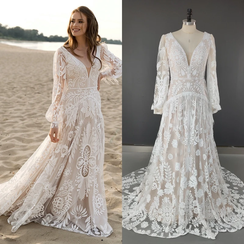 

12582# Real Photos Bohemia Sweep Train V-Neck A-line Wedding Dress Appliques Lace Bridal Gown With Tassel Puffy Sleeves